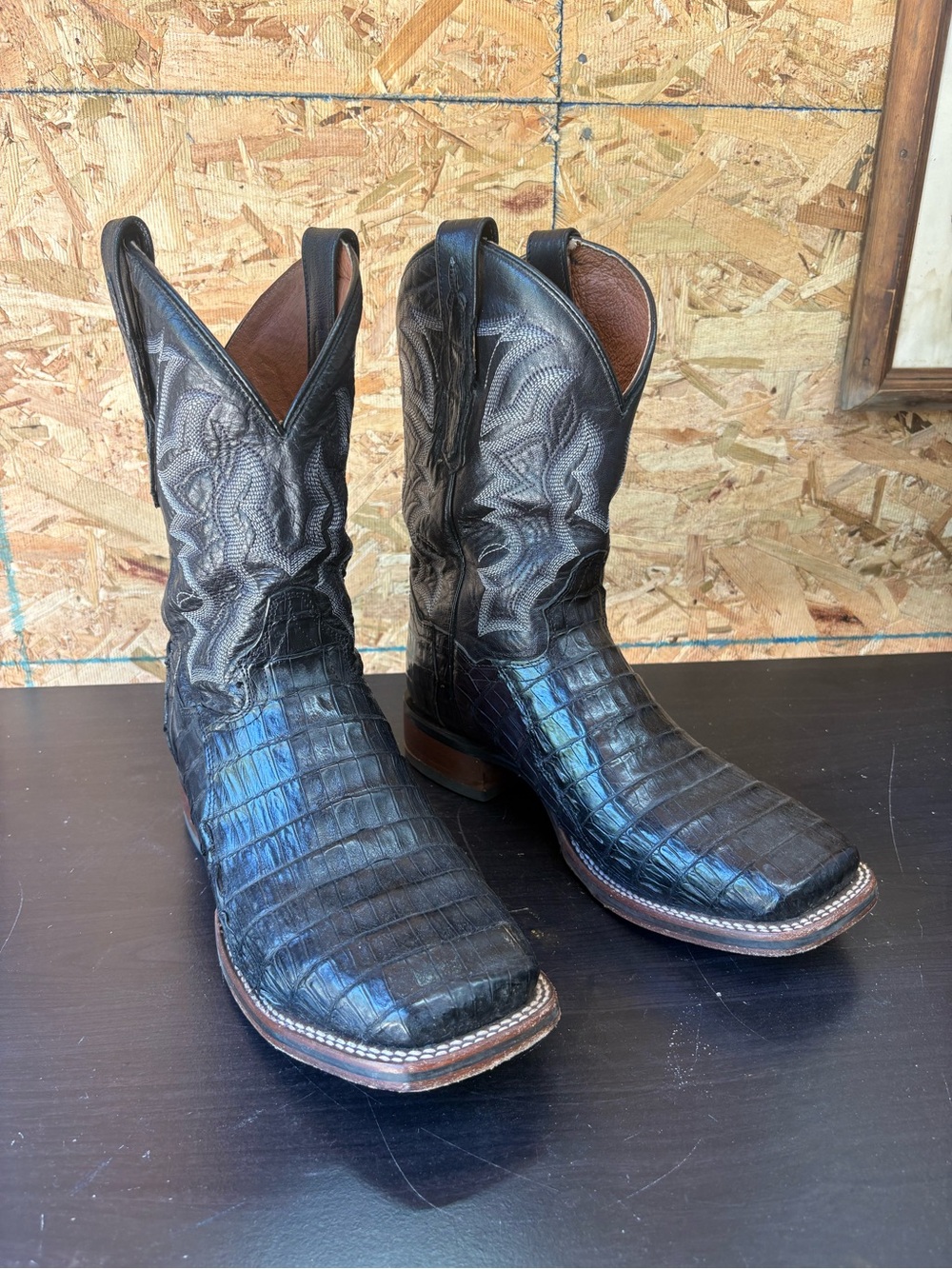 Dan Post Black Exotic Caiman Square-Toe Cowboy Boots